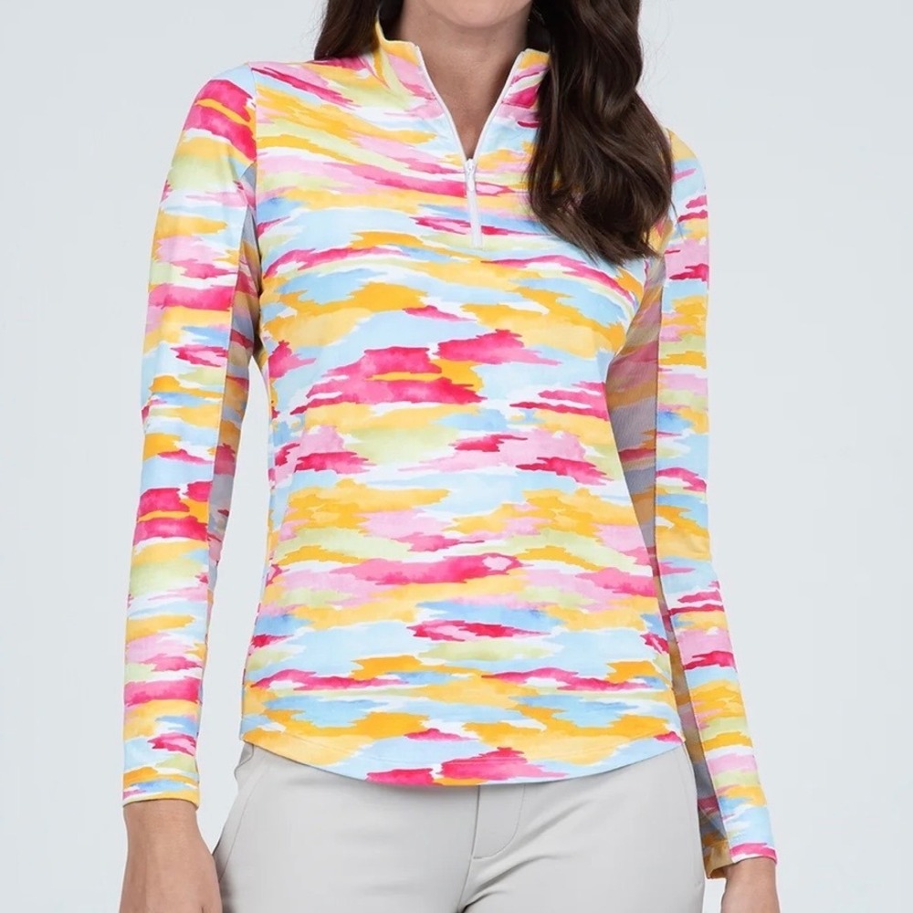 IBKUL Jessie Watermelon Multi Zip Mock Neck Sun Shirt UPF 50+ Women XS Golf NWT - Picture 2 of 8